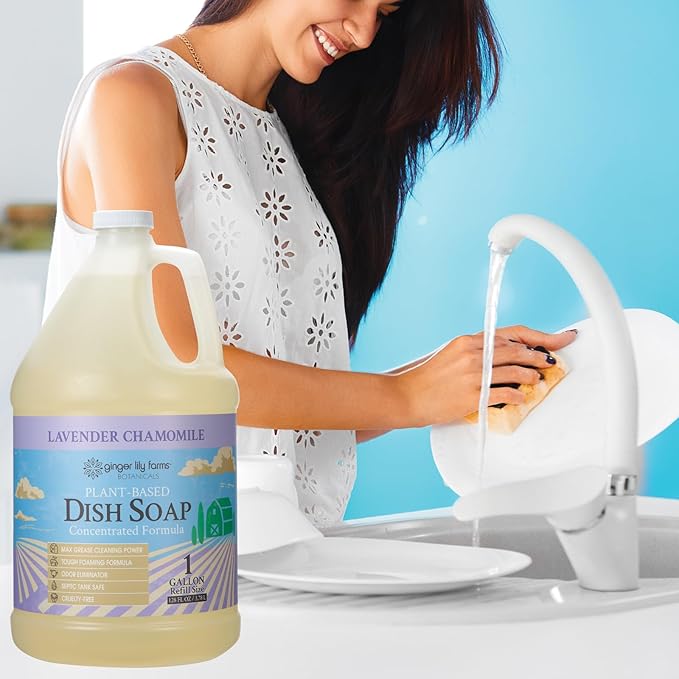 Ginger Lily Farms Botanicals Plant-Based Liquid Dish Soap, Concentrated Formula with Max Grease Cleaning Power, Cruelty-Free, Lavender Chamomile Scent, 1 Gallon Refill (128 Fl. Oz.)-Ruum Studio Home