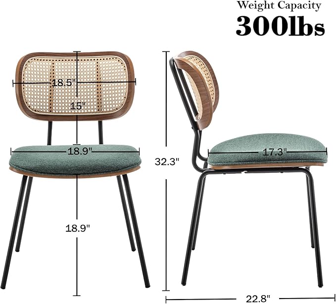 Rattan Dining Chairs Set of 2, Mid Century Modern Dining Chairs with Cane Back for Kitchen Dining Room, 19 Inch Fabric Green-Ruum Studio Home