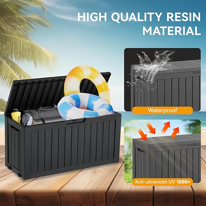 KAMABOKO Deck Box, 75 Gallon Resin Indoor and Outdoor Storage Boxes Waterproof for Garden Tools, Pool Accessories Storage Bench, Patio Furniture and Cushions with Lockable Lid, Black-Ruum Studio Home