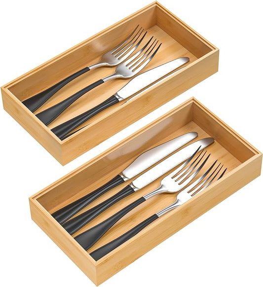 Silverware Tray for Drawer, Stackable Kitchen Bamboo Drawer Organizer 12" x 6" x 2" Set of 2-Ruum Studio Home