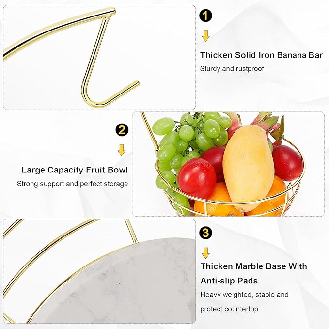 Livabber Countertop Fruit Basket Bowl with Banana Hanger, Modern Standing Fruit Vegetable Bowl Storage, with Banana Tree Holder for Kitchen Dinning Table (Round Marble, Gold)-Ruum Studio Home