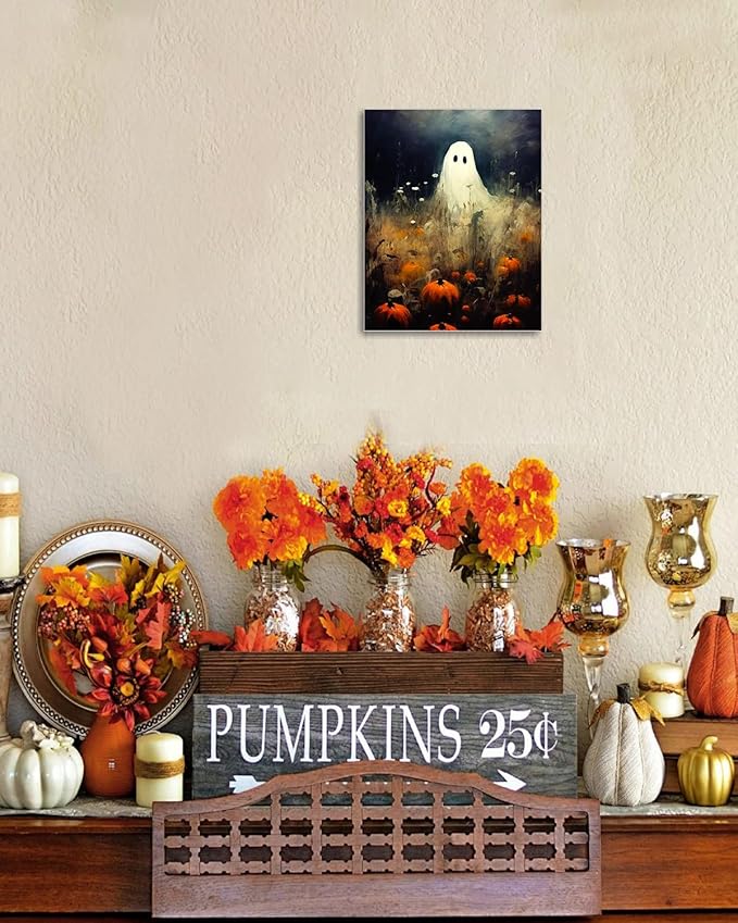 Halloween Canvas Wall Art, Spooky Ghost in Pumpkin Patch Poster, Vintage Gothic Fall Decor, Dark Academia Fall Decor for Living Room, Framed Indoor Halloween Decorations-Ruum Studio Home