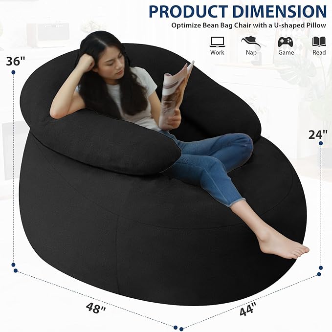 HABUTWAY Bean Bag Chair with U-Shaped Pillow for Adult and Kids Big BeanBag Chair with Filling Ultra Soft Teddy Fleece Couch Chair with Washable Cover for Living Room Bedroom Office, Black & Black-Ruum Studio Home