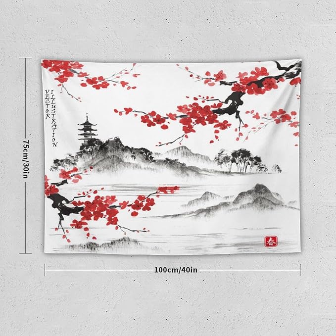 Cherry Blossoms Tapestry, Japanese Fuji Mountain Wall Tapestry, Nature Landscape Wall Art for Bedroom & Living Room Decor, 40"x30"-Ruum Studio Home