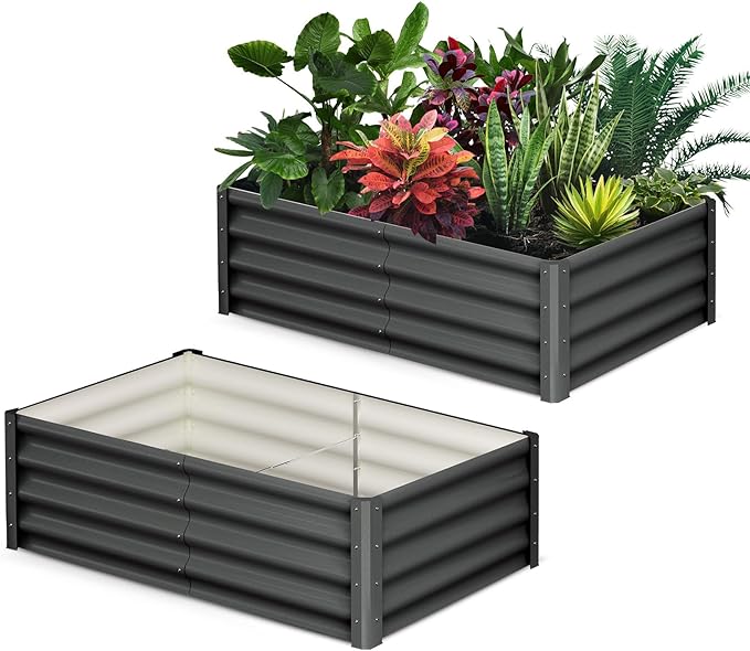 Large Outdoor Planter Boxes Kit Set of 2,6x3x1ft Galvanized Raised Bed Planter with Open-Ended Base Design, Elevated for Outdoor Plants, Durable Raised Bed for Gardening,Green-Ruum Studio Home