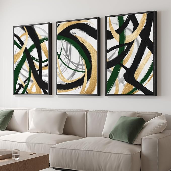 Large Framed Abstract Wall Art for Living Room, Set of 3 Modern Canvas Prints Painting Artwork for Walls, Black Green and Gold Brush Stroke Pictures for Hallway Dining Room Office Wall Decor 24x36 In-Ruum Studio Home