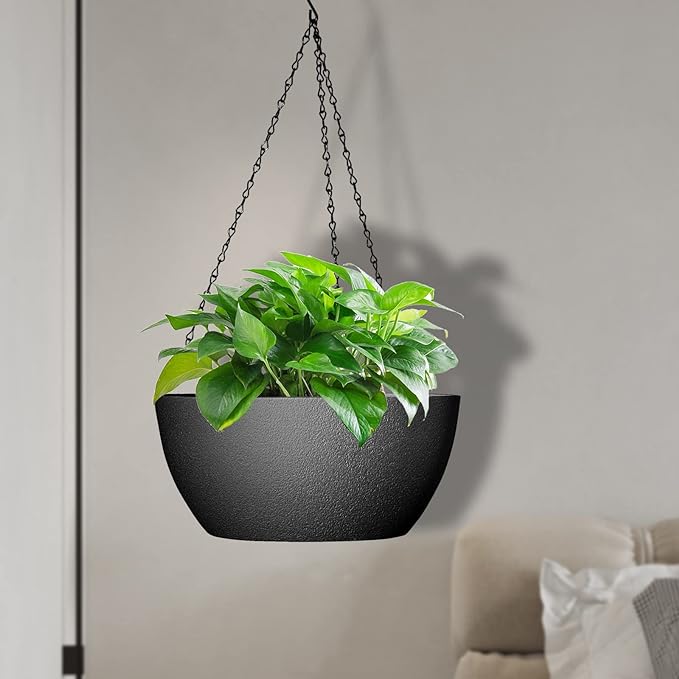 10 inch Hanging Planters for Outdoor Indoor Plants with Drainage Holes and Chain, 2 Pack Round Hanging Flower Pots for Garden Home Porch Decor, Black-Ruum Studio Home