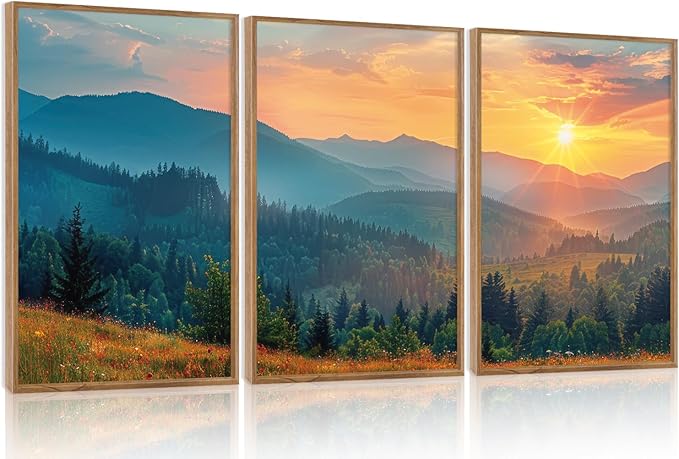 Aurlan Boho Mountain Sunset Landscape Framed Wall Art(16"x24"), 3PCS Green Blue Ridge Grand Teton National Park Canvas Artwork, Abstract Modern Watercolor Nature Forest Scenery Decor for Home Office Bedroom-Ruum Studio Home