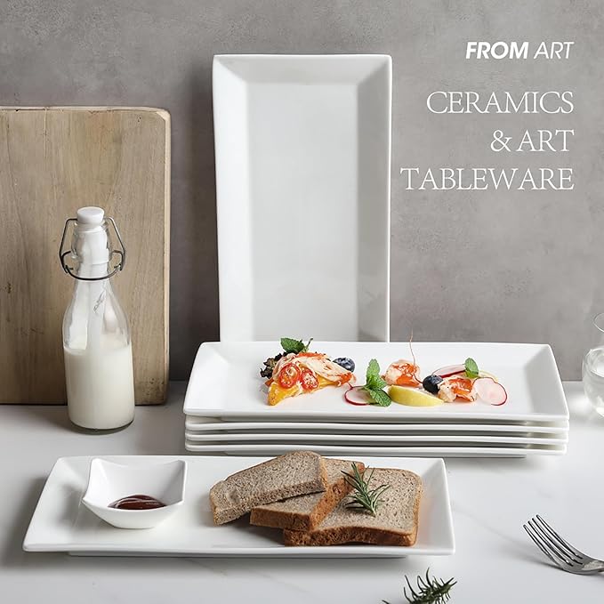 12" Serving Platters Set of 4, White Rectangular Plates, Ceramic Serving Tray, Stackable Large Party Plates for Appetizer, Dessert, Steak, Sushi, Housewarming, Oven Dishwasher Safe-Ruum Studio Home