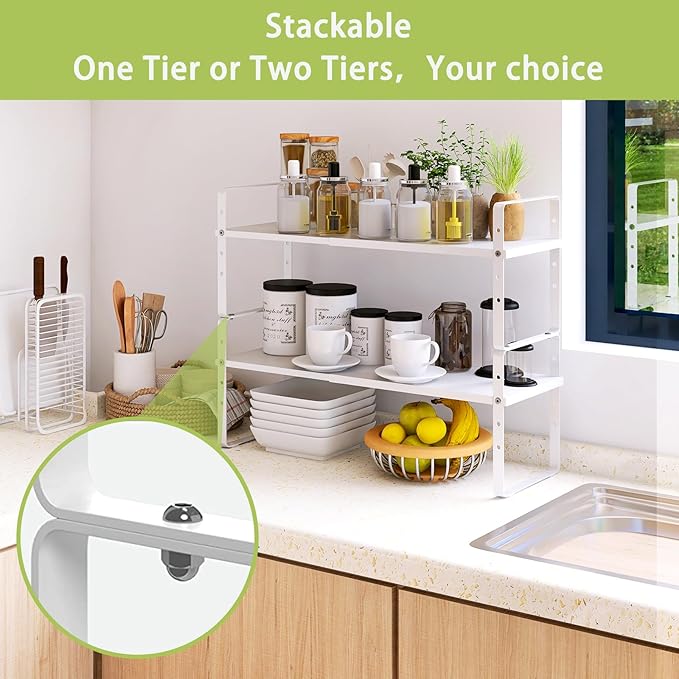 Expandable Cabinet Shelf Organizer Rack, Stackable Kitchen Counter Storage Shelves Stand, Adjustable Height Pantry Shelf Spice Rack (White, 2 Pack)-Ruum Studio Home