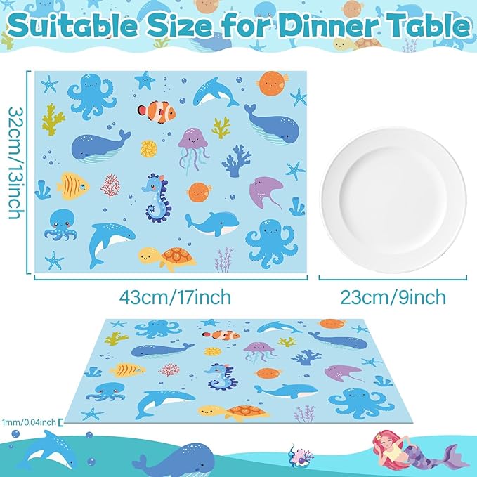 Unicorn Mermaid Kids Placemats Set of 6 Transport Dinosaur Plastic Table Mats Toddler Children Farm Ocean Animal Place Mats Washable Table Decoration for Indoor Outdoor Party Kitchen Dining-Ruum Studio Home