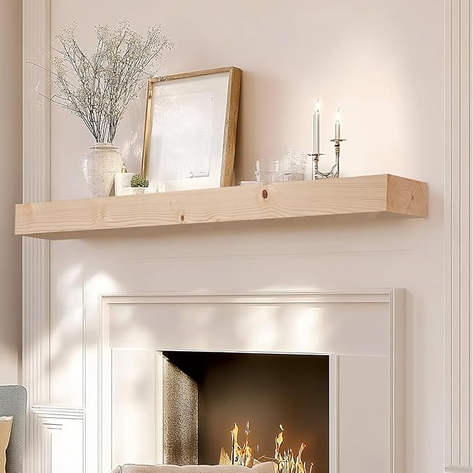 72x7x3 Fireplace Mantel - Solid Rustic Wood Wall Mounted Floating Shelf - DIY Color - with Invisible Heavy Duty Steel Bracket-Ruum Studio Home