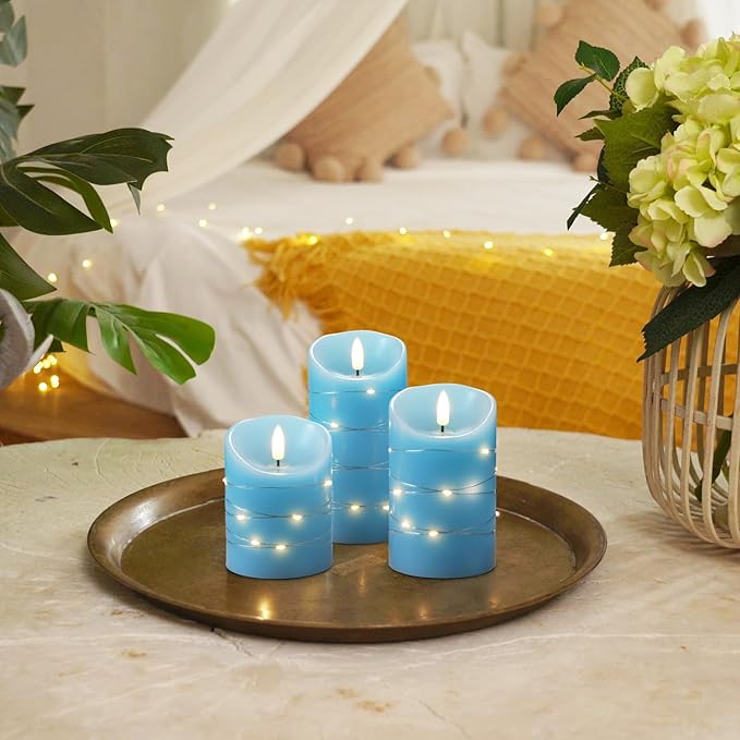 Homemory Flameless Candles with String Lights, 3 Pack Embedded Fairy String Lights LED Candles, Electric Flickering Candles with Remote Control and Timer, Real Wax, Blue-Ruum Studio Home