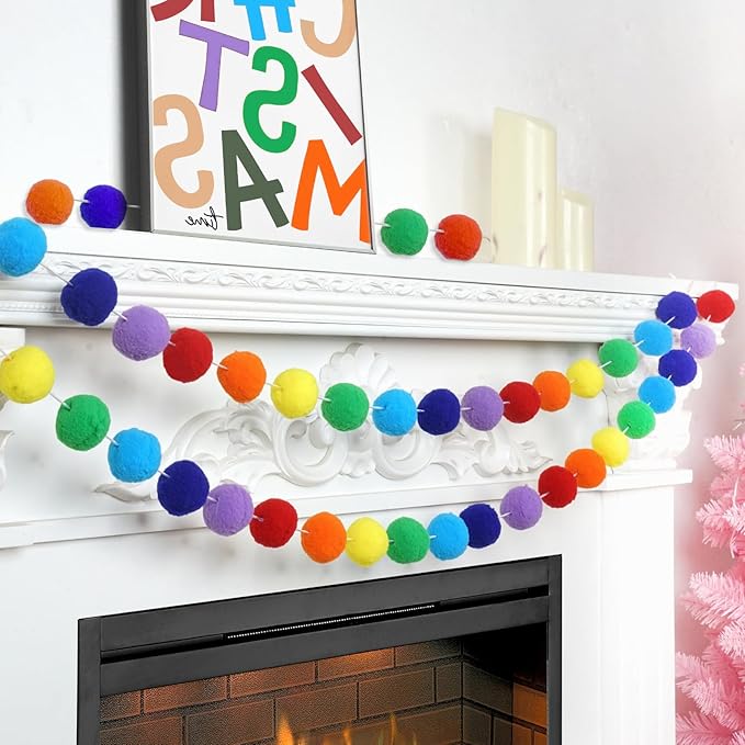 TBD Decor 2pk Rainbow Color Pom Pom Garland 13FT Colorful Large Felt Ball Garland for Mantle,Indoor Holiday Wedding Birthday Party Supplies-Ruum Studio Home