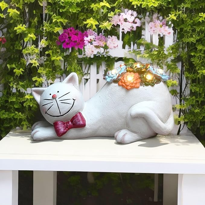Cat Garden Figurines Outdoor Decor Solar Statue with Succulent and LED Lights for Patio Lawn Yard Art Decoration Housewarming Garden Gift-Ruum Studio Home