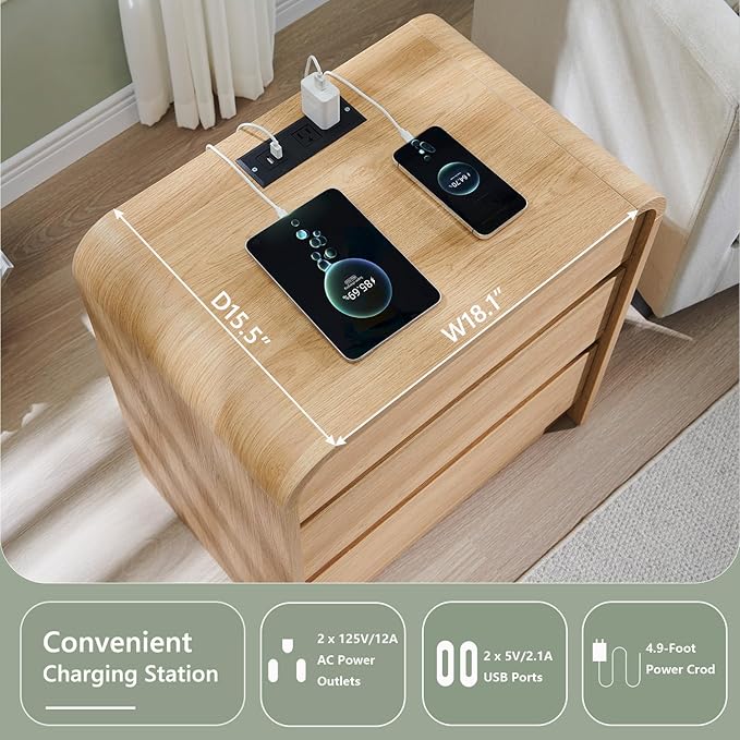 25" Tall Modern Nightstand Set of 2, 23.6" Wide Wood Bedside Table with Charging Station, 3 Storage Drawers Side Table w/Curved Profile Design,End Table for Bedroom, Natural Oak-Ruum Studio Home