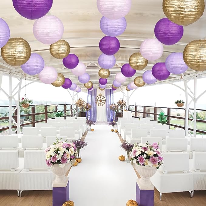Paper Lanterns Purple Gold Round Hanging Chinese Lanterns for Birthday Baby Shower Bachelorette Party Decorations Pack of 12-Ruum Studio Home