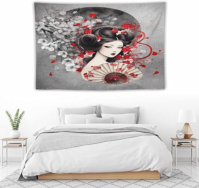 Japanese Geisha Tapestry Asian Red Cherry Blossom Red Sun Traditional Kimono Folk Tapestries Home Decor for Living Room Bedroom Apartment Farmhouse Dorm 90"x60"-Ruum Studio Home