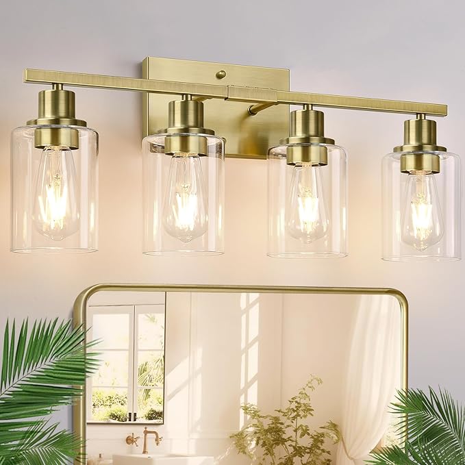4 Light Bathroom Light Fixtures, Brass Vanity Lights for Bathroom with Clear Glass Shades, Modern Bathroom Wall Sconces for Mirror Living Room Cabinet-Ruum Studio Home