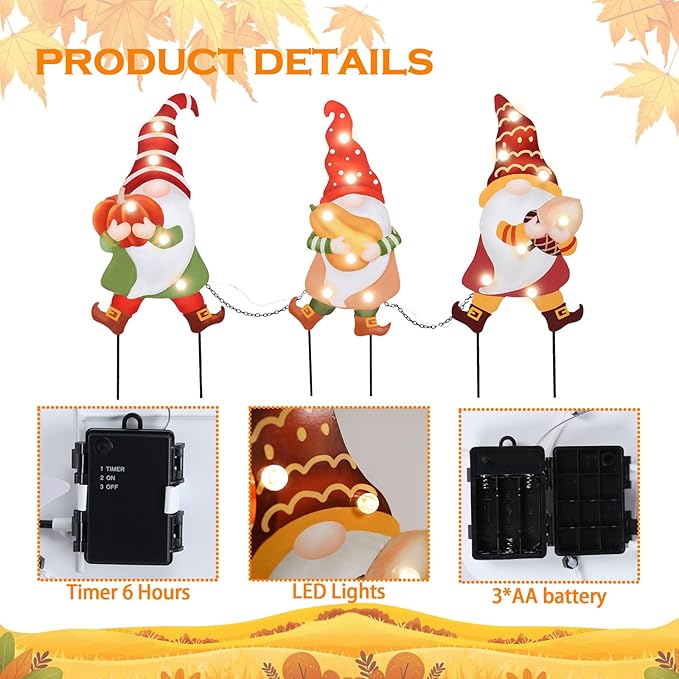WONDER GARDEN 3 PCS Fall Yard Sign Metal Gnomes Decorative Garden Stakes with Led Lights Autumn Harvest Pumpkin Thanksgiving Garden Lawn Porch Patio Decorations Outdoor-Ruum Studio Home