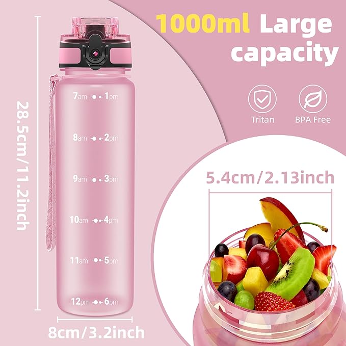 OLDLEY 32 oz Water Bottle, Motivational Water Bottle with Time Marker, Sports Water Bottle With Strap, Leakproof & BPA Free Large Water Bottles for School, Gym, Travel, Outdoor, Tritan,Pink-Ruum Studio Home