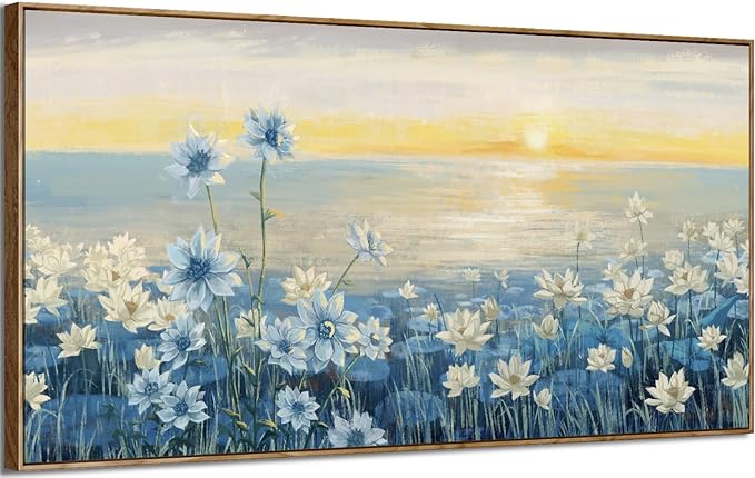 Large Wall Art for Living Room Modern Framed Coastal Beachy Canvas Wall Art Big Floral Sunrise Blue Wall Picture Oversized Lake Nature Sunset Artwork for Office Bedroom Decor-Ruum Studio Home