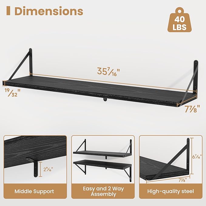 Heimlove 36 Inch Black Floating Bookshelves Set of 3,Heavy Duty Wall Mounted Bookshelves,Bookshelf for Living Room,Bedroom,Kitchen,Laundry Room Storage & Decor-Ruum Studio Home