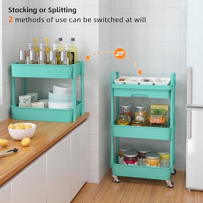 Calmootey 3-Tier Rolling Utility Cart with Drawer,Multifunctional Storage Organizer with Plastic Shelf & Metal Wheel,Storage Cart for Kitchen,Bathroom,Living Room,Office,Green-Ruum Studio Home