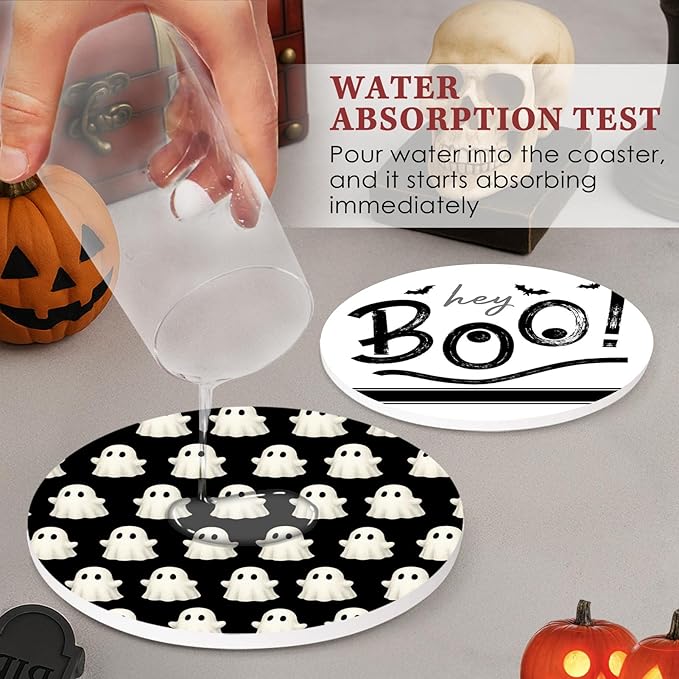 Coaster for Drinks Set of 6, Halloween Hey Boo Cute Ghost Spooky Black White Absorbent Round Ceramic Stone Mat, with Cork Base and Metal Holder, Gift for Housewarming Room Bar Decor-Ruum Studio Home