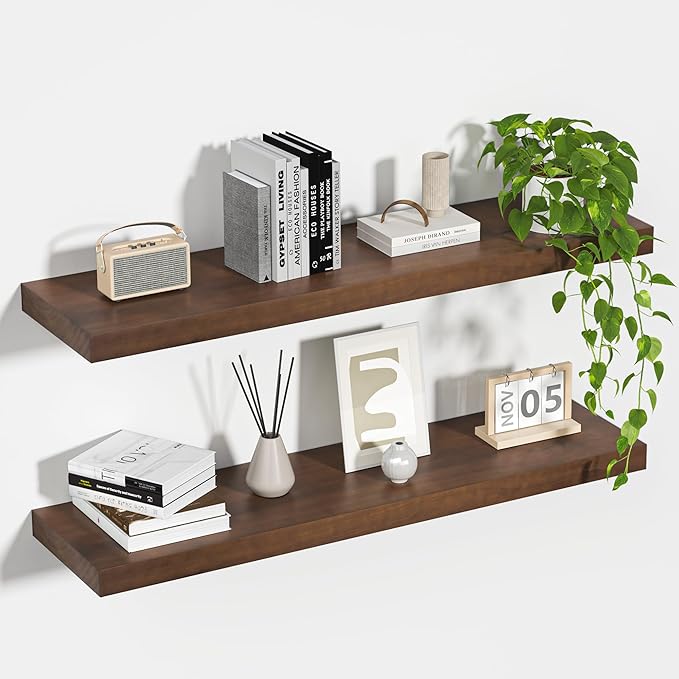 Fun Memories Farmhouse Floating Shelves - 8 Inch Deep Rustic Wood Wall Shelf - Premium Solid Pine Wood Storage Shelf for Kitchen Living Room Bedroom - 30" W x 8" D - Set of 2 - American Walnut-Ruum Studio Home