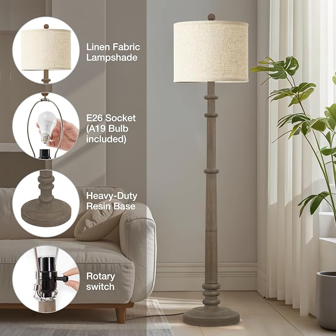 Floor Lamps for Living Room - 60" Resin Farmhouse Floor Lamp with 3 Color Temperatures - Vintage Standing Lamp Reading Light with Linen Shade Retro Tall Lamp for Bedroom Office, Grey-Ruum Studio Home