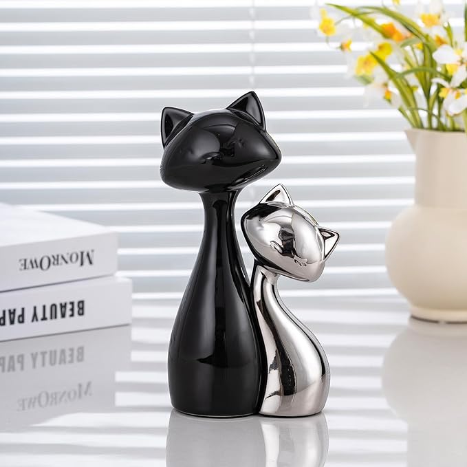 Ceramic Cat Statue Set, Black & Silver Cute Home Decor Figurines, Lucky Cats Desk Accessories for Cat Lovers, Memorial Cats Themed, Modern Collectible Decor for Bookshelf, Living Room-Ruum Studio Home