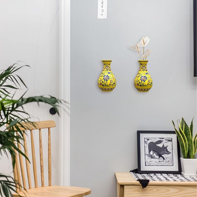 Set of Two Handmade Chinese Blue & White Porcelain Wall Mounted Vases – Chinoiserie Ceramic Flower Vase for Indoor Home Décor, Wall Hanging Vases for Living Room & Bookshelf-Ruum Studio Home