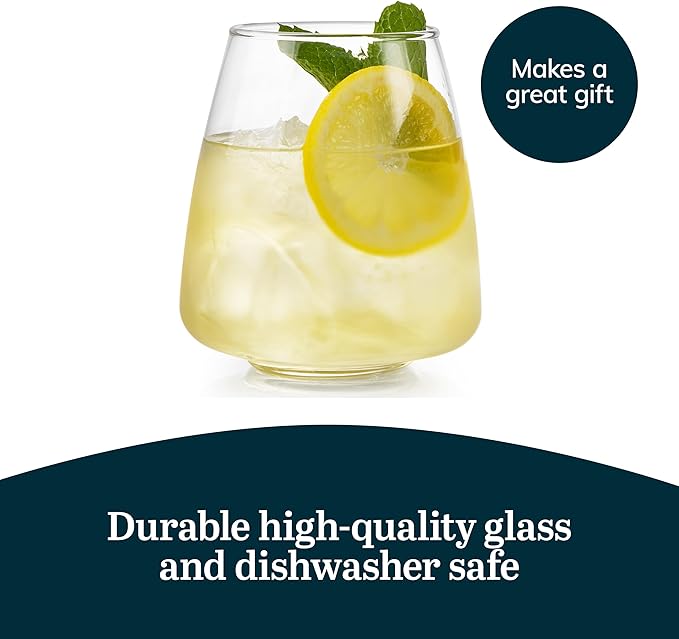 Libbey Stackable Stemless Wine Glasses Set of 6, Tapered Bulb Shaped All Purpose Wine Glass Set, Dishwasher Safe Glass Wine Glasses, Cocktail-Ruum Studio Home