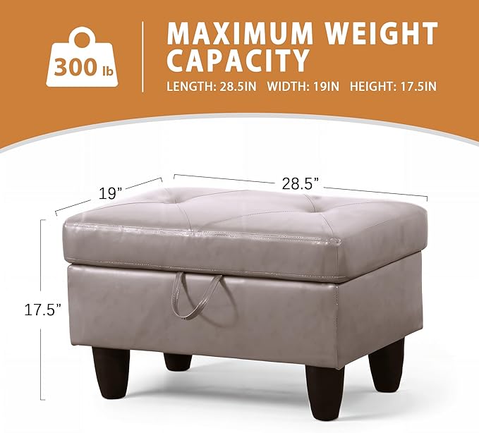 Ottoman Rectangular Storage Ottoman Bench, Faux Leather Footrest, Coffee Table, Stool Footstool with Hinged Lid for Living Room, Bedroom, Entryway, Champagne, 28.5"x19"x17.5"-Ruum Studio Home