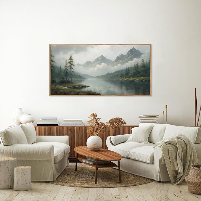 SIGNINART Large Misty Mountain Framed Canvas Wall Art, Green Forest River Scenery Wall Decor, Modern Foggy Wooden Landscape Artwork, Oil Style Nature Art Print for Living Room Bedroom Office 20"x40"-Ruum Studio Home