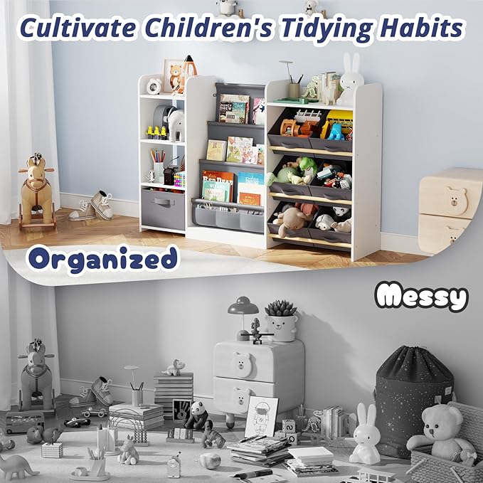 Kids Toy Book Storage Organizer - Large Bookshelf with 7 Removable Bins, Baby Bookshelf and Toy Storage, 4-Tier Book Shelf for Kids Room, Playroom, Classroom, 51 inch, White-Ruum Studio Home