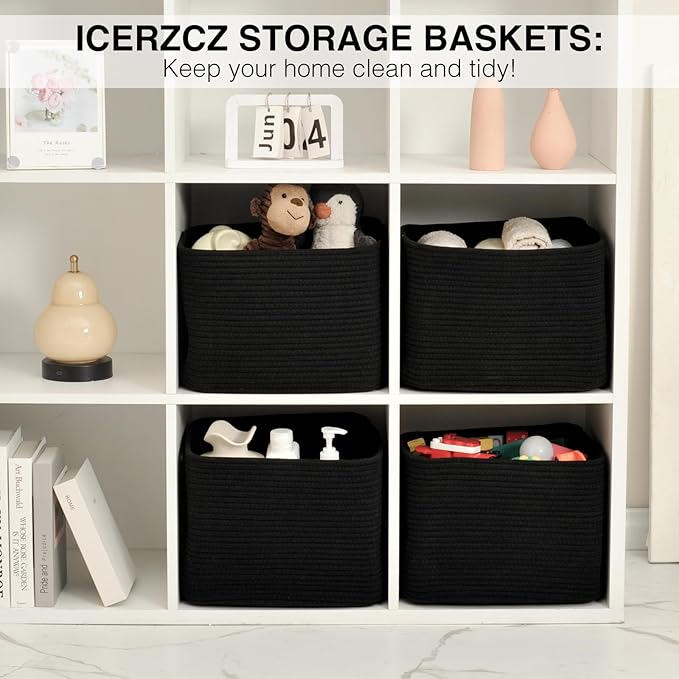 Storage Baskets for Organizing & Shelves, Woven Cotton Rope Organization Bins for Dog Toys, Clothes, Books, Nursery Organizer, 15" Lx11''Wx9.5''H, (4 Packs) Black-Ruum Studio Home