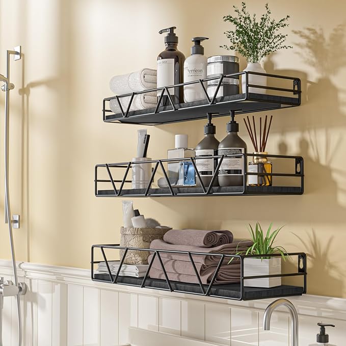 Floating Shelves Set of 3, Home Wood Wall Shelf, Farmhouse Shelf for Bedroom, Wall Mounted Floating Shelf for Living Room, Bedroom, Bathroom, Kitchen, Office (Black 2)-Ruum Studio Home