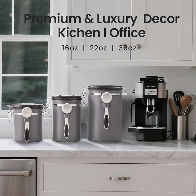 Veken Coffee Canister, 39OZ Large, Airtight Stainless Steel Food Storage Container for 2.2lbs Coffee Beans, Ground, Sugar, Tea, Flour, Rice, Cereal, Cookies Jars, Bar Accessories & Gifts, Gray-Ruum Studio Home