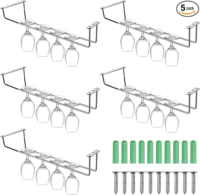 5 Pack Wine Glass Rack Stainless Steel Wine Glass Holder, 14inch Hanging Stemware Rack for Bar Kitchen Cabinet-Ruum Studio Home