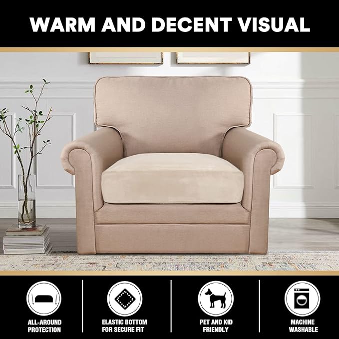 PrinceDeco Stretch Velvet Couch Cushion Cover,Soft Fitted Cushion Slipcover for Chair Cushion Furniture Protector Seat Cushion Sofa Cover Width Up to 29.5", Ivory-Ruum Studio Home