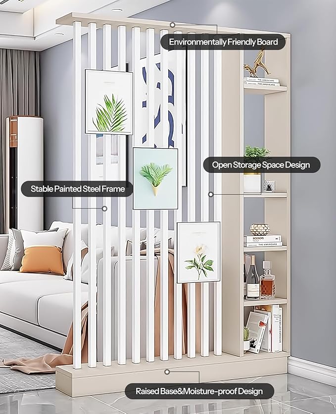 Wall Room Divider, Storage Cabinet Storage Display with Shelves, Modern Freestanding Wood Room Divider Screen, Wall Privacy Screens for Home Decorative (Beige+White,55" L x 9.5" W x 79.5" H)-Ruum Studio Home