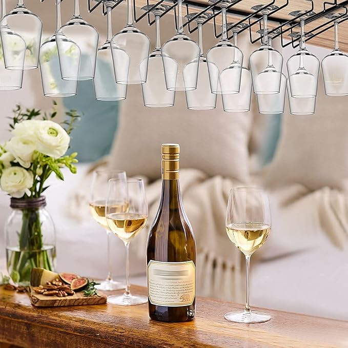 Xverycan Wine Glass Rack Under Cabinet, 8 Row Extreme Large Stemware Hanger, Metal Wine Goblet Holder, DIY Bar Glass Storage Rack for Bar Counter, Kitchen, Screws Included (Black)-Ruum Studio Home