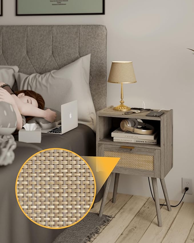 Rattan Nightstand with Outlet,Modern Bedside Table with Storage Drawer and Open Wood Shelf, for Living Room, Bedroom and Small Spaces, Accent Night Stand with Solid Wood Legs,Grey Oak-Ruum Studio Home