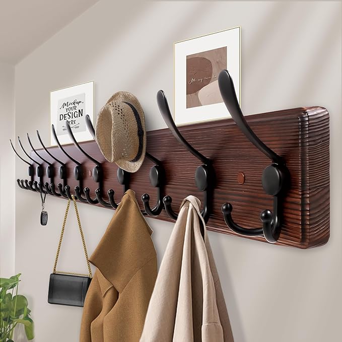 38.6'' Large Coat Rack Wall Mount Coat Hooks Coat Hanger with 10 Metal Black Triple- Hooks Brown Pine Real Wood Plank Hat Rack for Wall Hooks for Hanging Coat Hat Jacket-Ruum Studio Home