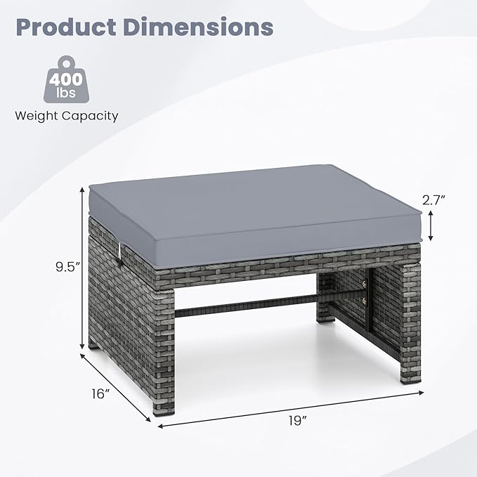 Tangkula 2 Pieces Patio PE Rattan Ottomans, Multipurpose Outdoor Footstool Footrest Additional Seating Side Table with Soft Zippered Cushions for Deck, Garden, and Yard (Gray)-Ruum Studio Home