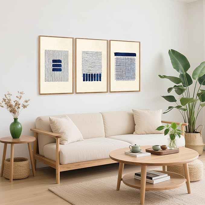 Aurlan Boho Christian Line Art Framed Wall Decor(16"x24"), 3PCS Minimalist Jesus Leavs the 99 Sheep Lamb Bible Story Canvas Artwork, Neutral Abstract Beige Navy Blue Religious Painting for Bedroom Living Room-Ruum Studio Home