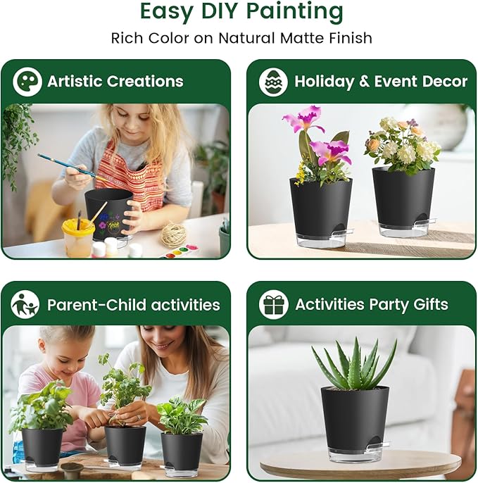 4 inch Self Watering Pots for Indoor Plants, 5 Pack Small Flower Plant Pots with Drainage Holes and Clear Reservoirs, Visible Water Level, Plastic Planters with Wicking Rope, Black-Ruum Studio Home