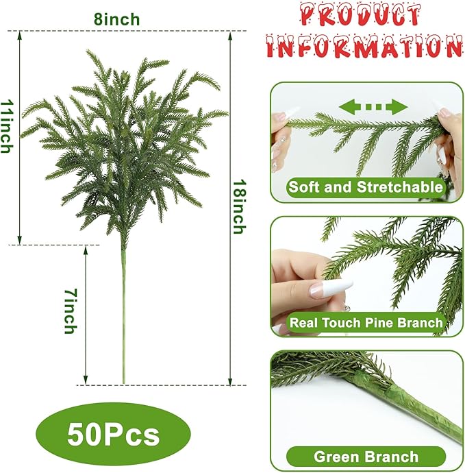 Artgar 50 Pcs Pine Branches - 18 Inch Artificial Green Pine Stem - Real Touch Pines Branches - Christmas Greenery Pines Branches for DIY Flower Arrangement Home Indoor Christmas Decor-Ruum Studio Home